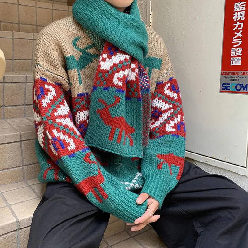 

LUCLESAM Men's Holiday Pattern Sweater O-Neck Thicked Pullover Send Scarf Korean Version Trend Male Loose Outfit Knitwear