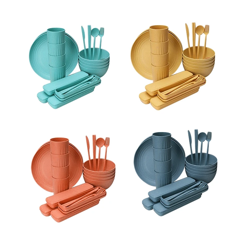 

Plates And Bowls Sets, 32Pcs Wheat Straw Dinnerware Sets, Kitchen Dinner Set, Camping Reusable Plates And Bowls Sets