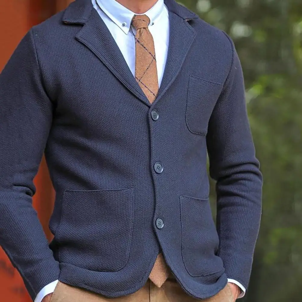 Men Knitwear Lapel Single-breasted Button Closure Solid Outwear Jacket Warm Autumn Winter Cardigan Sweater Coat Men Clothing