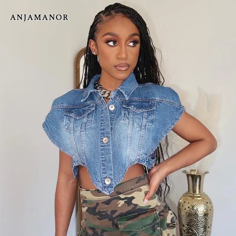 

ANJAMANOR Sleeveless Irregular Denim Jacket Women Summer Vest Tops Streetwear Coats for Women 2023 Cropped Jean Jacket D82-EA27