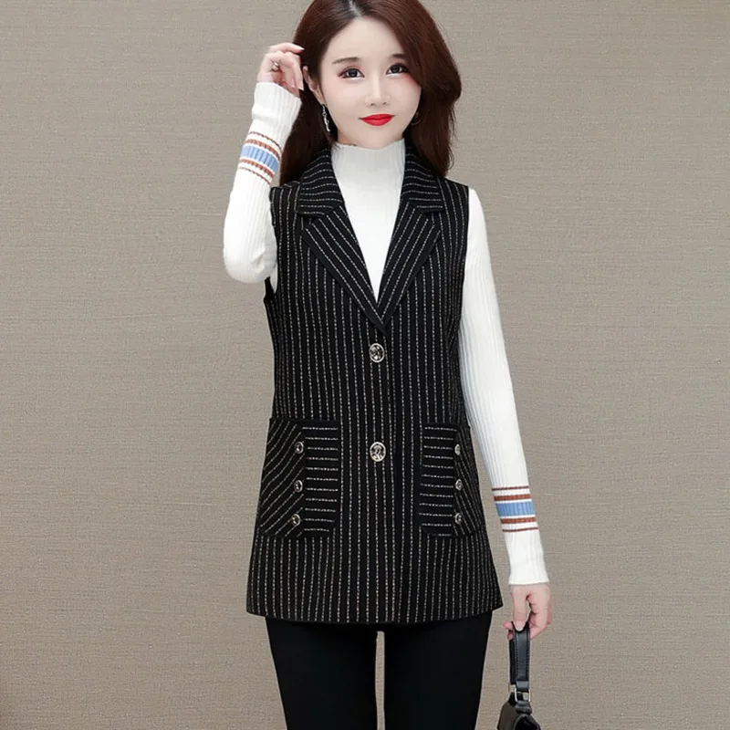 

#0757 Spring Women Sleeveless Jacket Vertrical Striped Vest Coat Buttons Outerwear Vest Single Breasted Waistcoat Female Slim