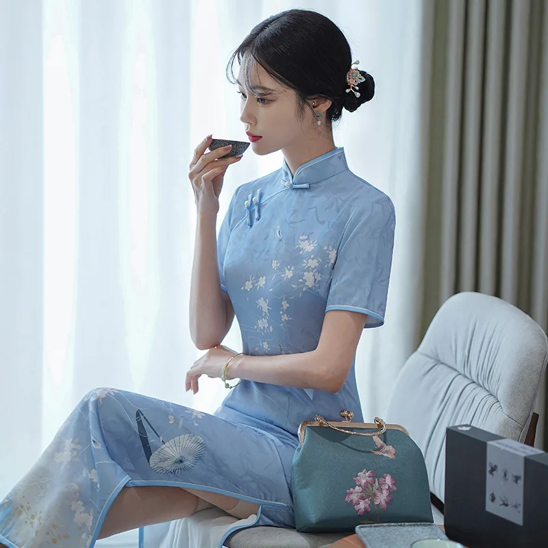 Новинка 2024 Осеннее длинное женское платье-Ципао Eveining Двухслойное в стиле ретро