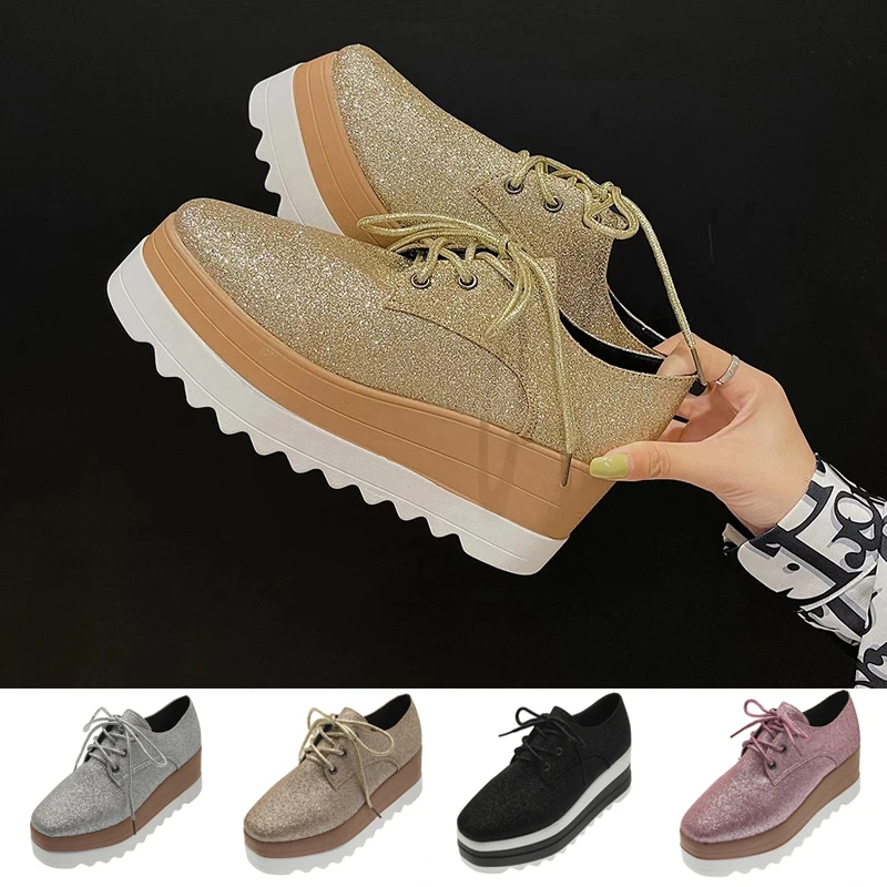 

Women Shoes Patent Leather Lace Up Thick Heel Increased Flat Platform Oxford Shoes Woman Loafers Solid Casual Shoes Plus Size 42