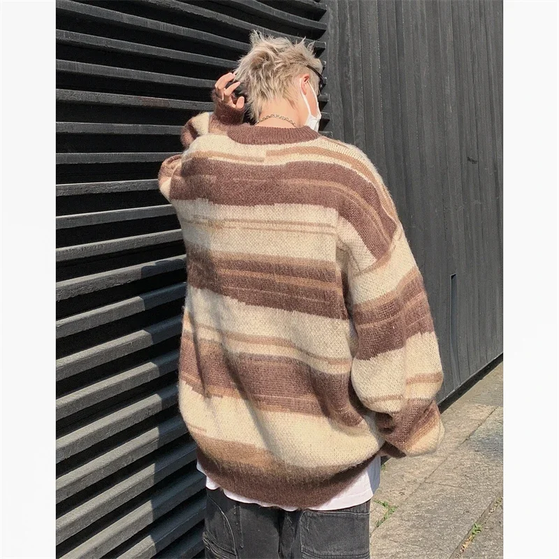 Свитер мужской в полоску пуловер оверсайз контрастных цветов модная свободная