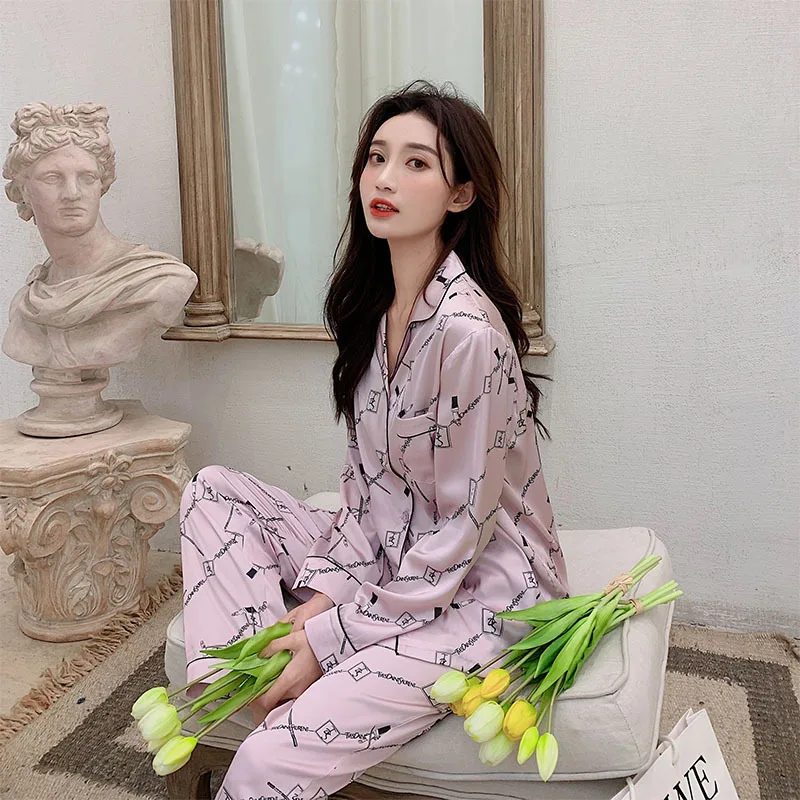 Women's Printed Satin Pajama Set Light Purple Silk Pajamas Suit Female Sleepwear