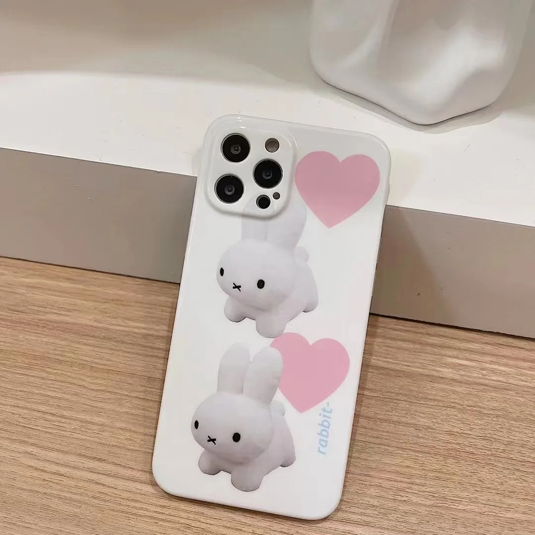 

Korea Kawaii Cute Girly Love Heart White Rabbit Soft Case For iPhone 11 12 13 14 Pro Max XR X XS Max Protective Back Cover