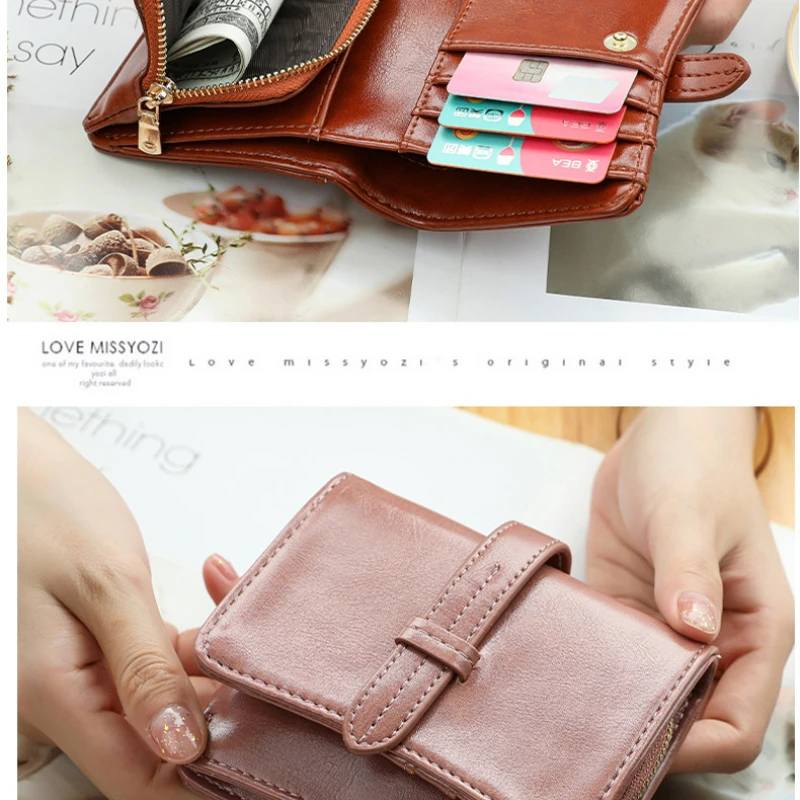2023 Wallet Women's New Vintage Oil Wax Folding Simple PU Slim Small Money Clip Card Bag