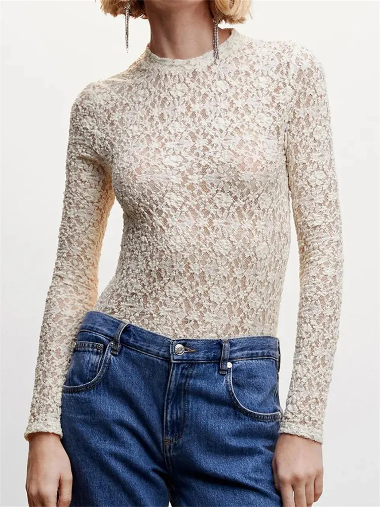 Dourbesty женские футболки с круглым вырезом и длинными рукавами кружевные