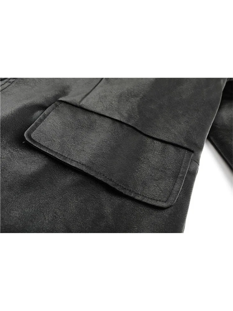 Женская куртка из ПУ кожи черная Свободная с длинным рукавом на пуговицах