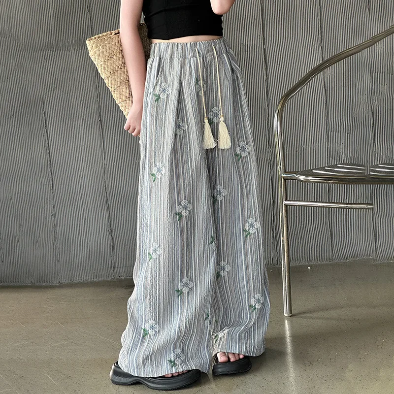 Брюки для девочек Новинка лета 2024 тканевые Широкие штаны с вышивкой Детские