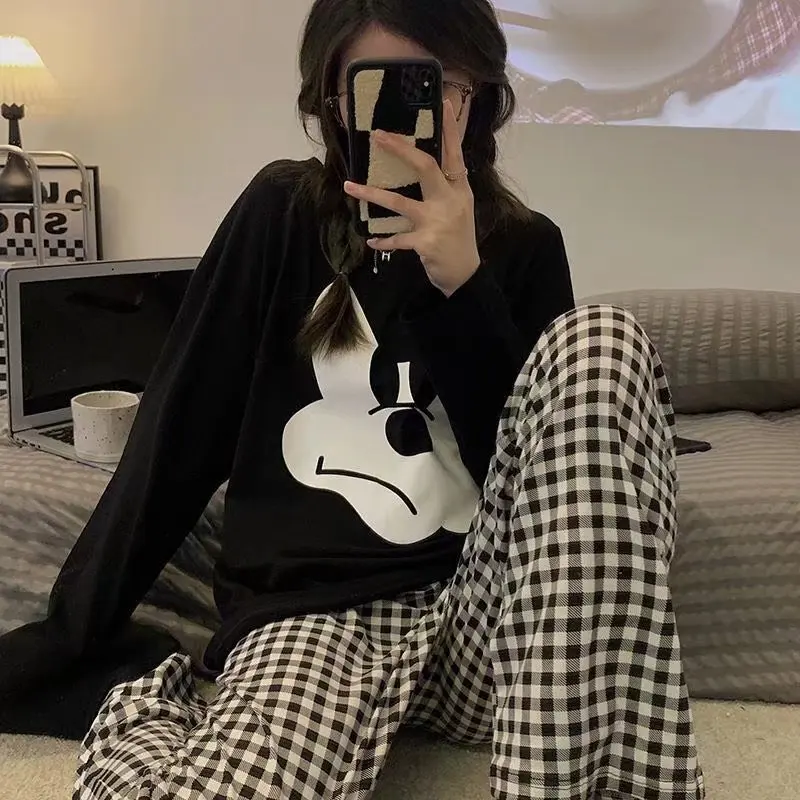Disney Angry Mickey Mouse Sleepwear 2 Pieces Sets Womens Outfits Spring 2022 Long Sleeve Black Blouse and Plaid Pants Home Suit