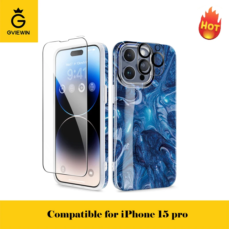 

GVIEWIN для iPhone 15 Pro 6,1 дюймов чехол с экраном и защитой объектива камеры защита от падения тонкий мраморный узор Дизайн Мягкий ТПУ
