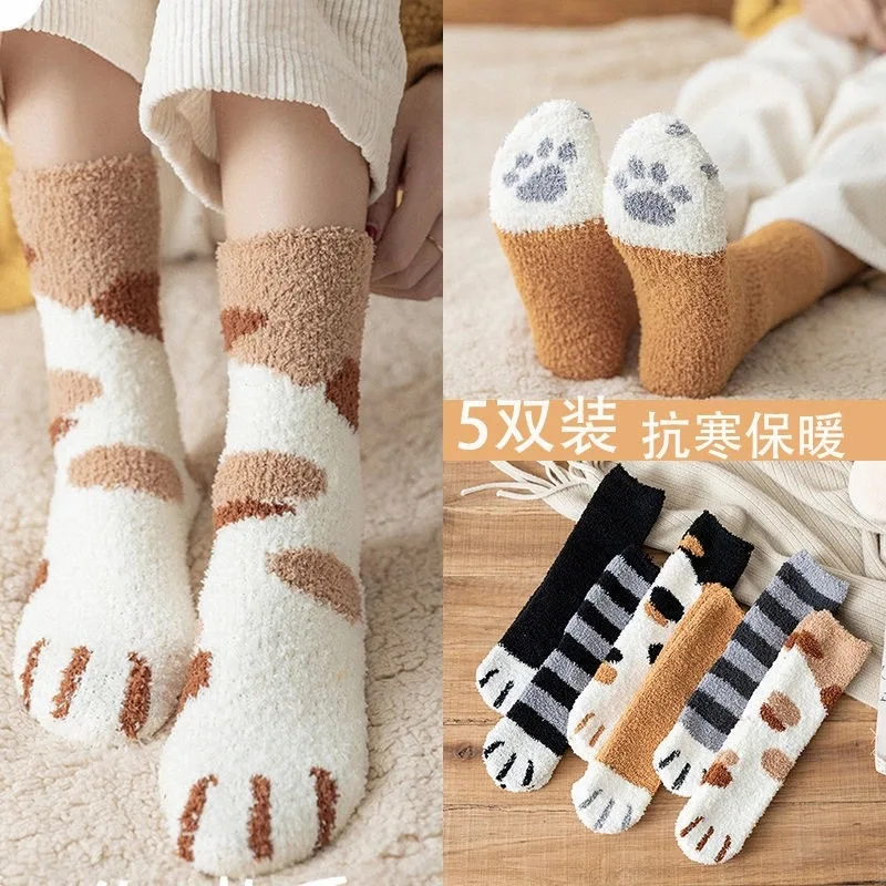 moda-donna-cat-claw-stripes-3d-calzini-caldi-spessi-cute-funny-fat-girl-cartoon-animal-toe-zebra-tiger-cat-foot-socks