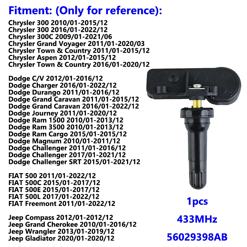 

56029398AB 56029398AA Новый датчик давления в шинах для Dodge Ram 1500 3500 Chrysler 300 Jeep Grand Cherokee Fiat 500 433 МГц TPMS