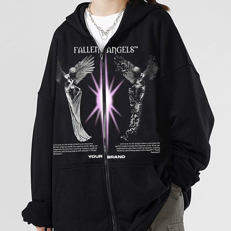 

Oversized Loose Zip Hoodie Harajuku Goth Punk Print Simple Casual Long Sleeve Pullover Fashion Kawaii Soft Women's Clothing