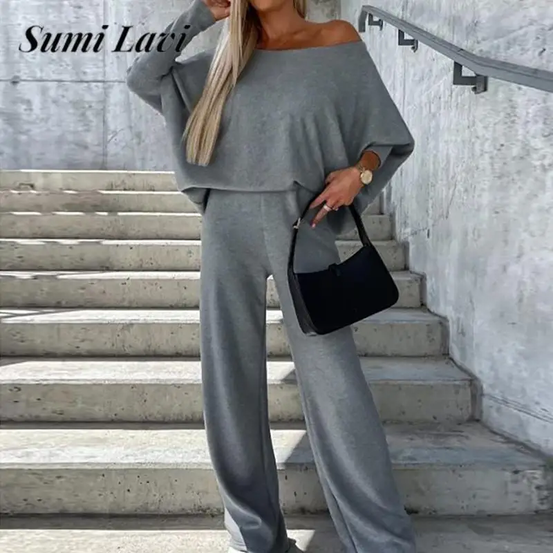 

Женский Повседневный костюм из топа с косым воротником и длинными рукавами и брюк