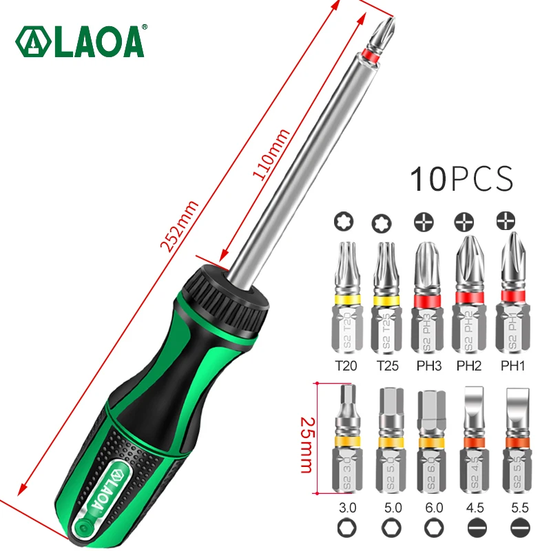 

LAOA 10 in 1 Ratchet Screwdriver with 10pcs Phillips/Slotted Torx Screwdriver Hexagon Bits Set S2 Screw Driver Tools kit