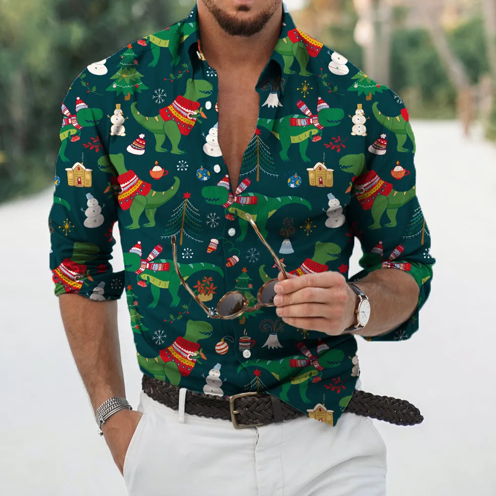 2022 Christmas Shirts 3D Printed Xmas Long Sleeve Blouse Holiday Party Tops Oversized Tee Shirt for Men Clothing Harajuku Shirt