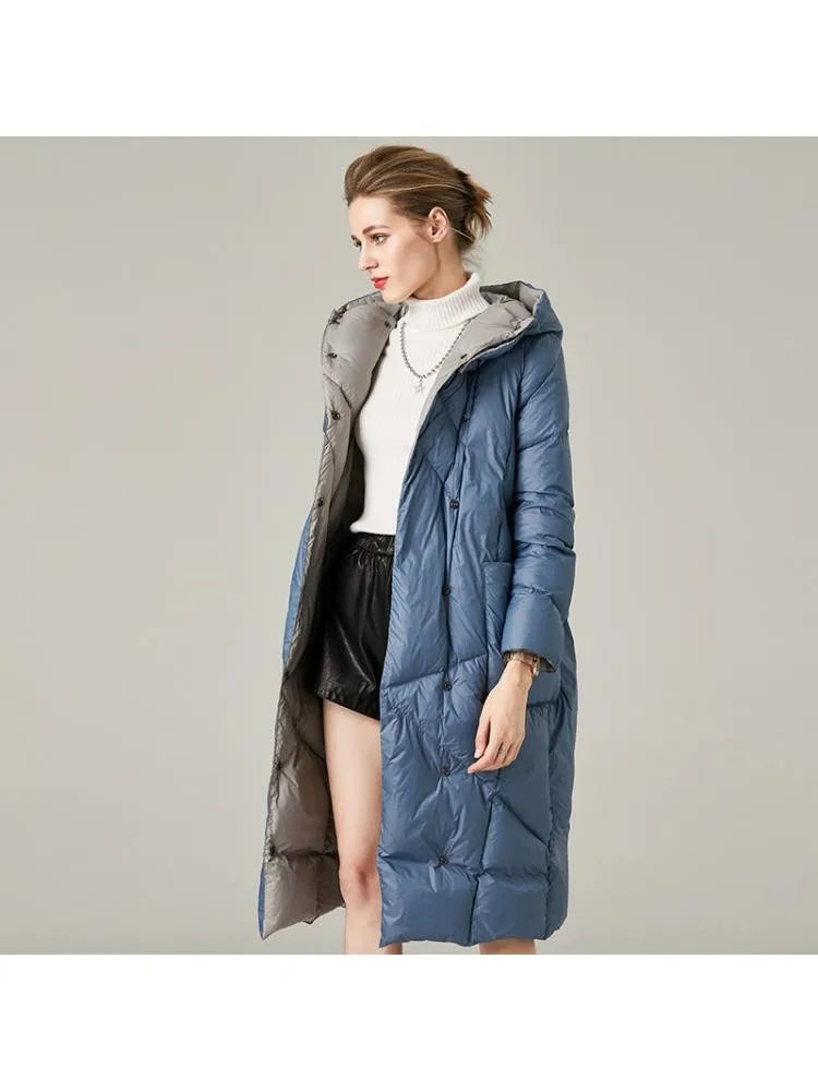 2022 Winter Hooded Thick Fashion Loose Cocoon Blue Long 90 White Duck Down Coats Women Black Warmer Bread Jackets