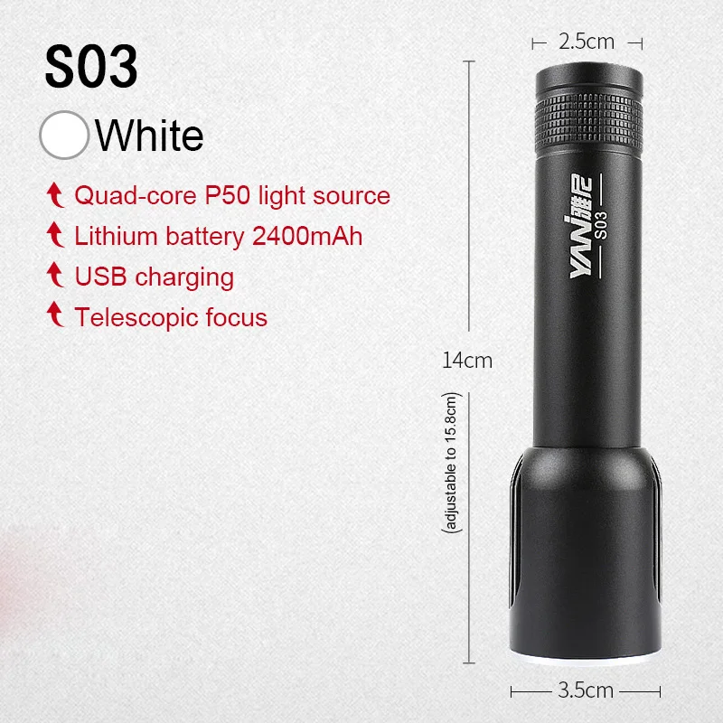 S03 Led Flashlight P50 Quad Core Strong Light Charging Xenon Lamp Aluminum Alloy Outdoor Military Torch 10W Telescopic Focus