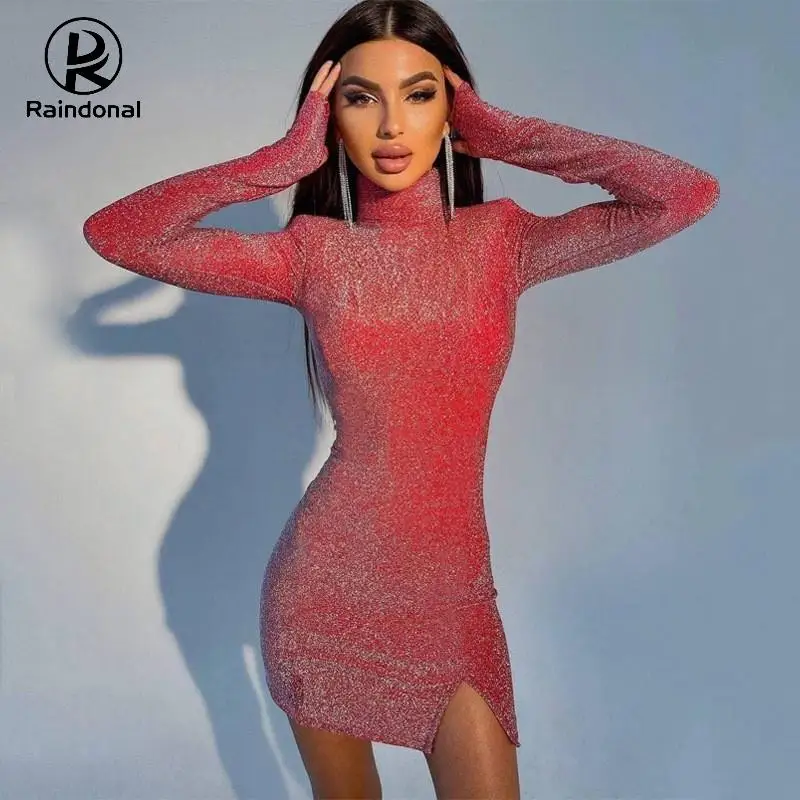 

Women 's 2021 Dress Bling Glitter Women Long Sleeve High Neck Luxury Slit Mini Shoulder Bodycon Sexy Party Elegant Evening Red