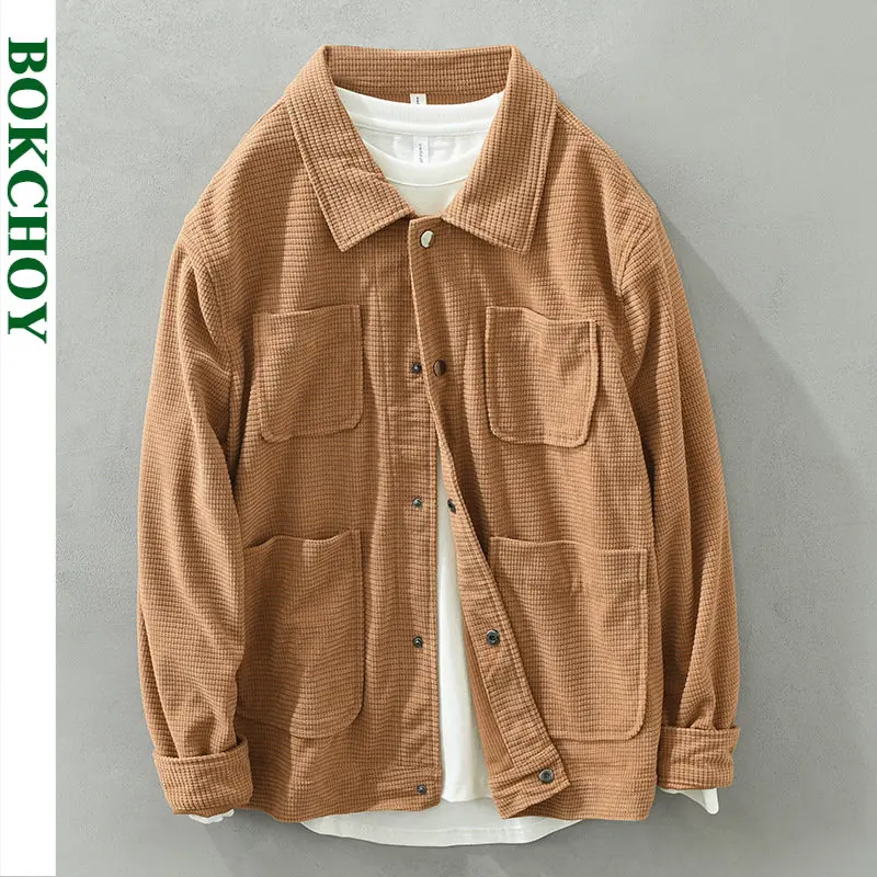 

2022 Autumn Winter New Vinage Men Jacket Vintage Cargo Loose Waffle Texture Coats Daily Casual Polyester Streetwear C1336