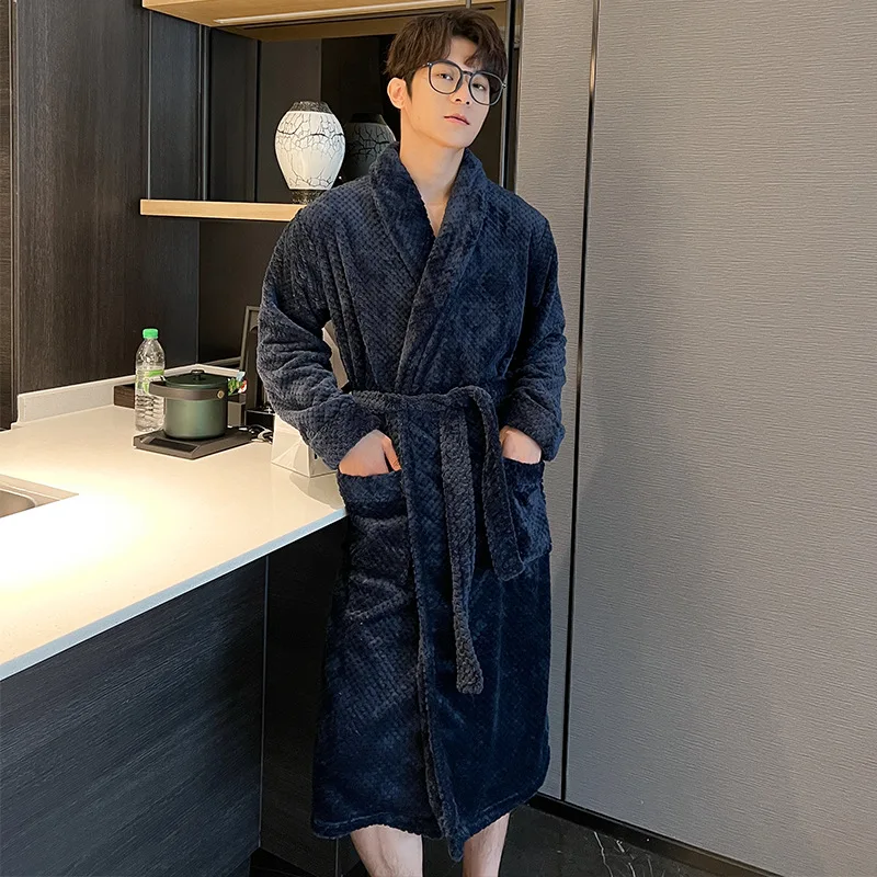 Navy Winter Couple Nightgown Women Flannel Long Robe Thick Warm Sleepwear Men's  Bath Bathrobe Home Wear Size L XL XXL