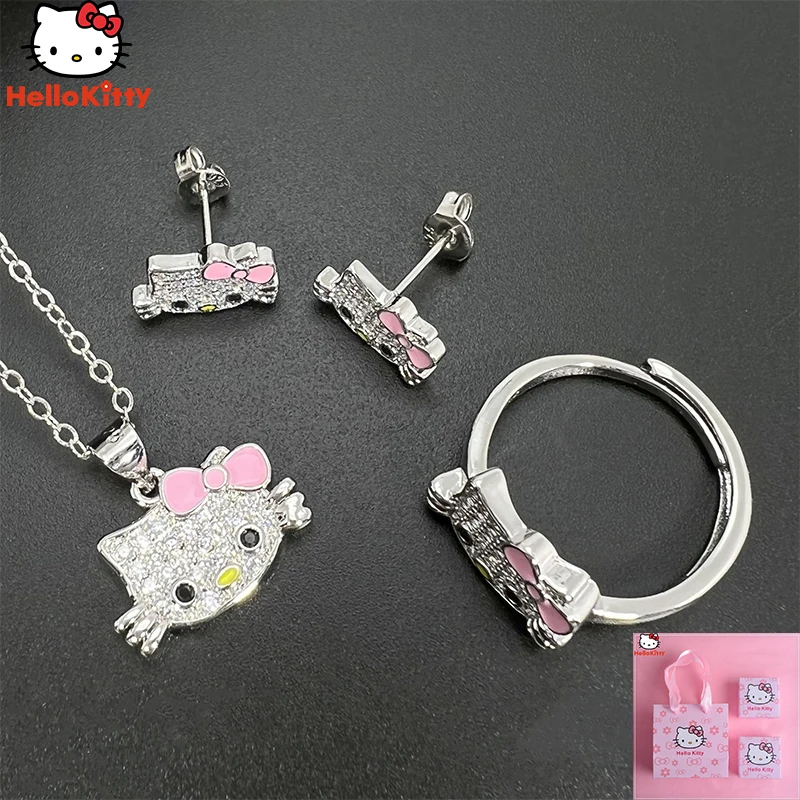 

Ожерелье Hello Kittys Y2K Sanrios аниме кавайные блестящие простые изысканные универсальные светильник Роскошные милые серьги на удачу кольцо подаро...
