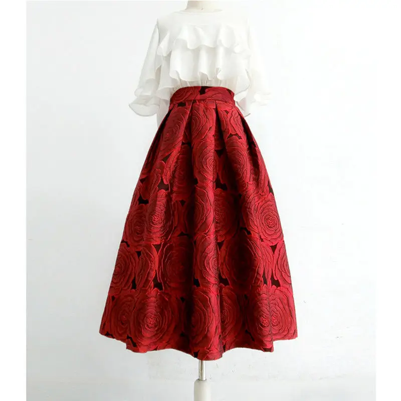 

2023 Spring Autumn Hepburn Vintage Elegant Women Red Y2k Retro Floral Aesthetic Jacquard High-waisted Long A-line Pleated Skirt