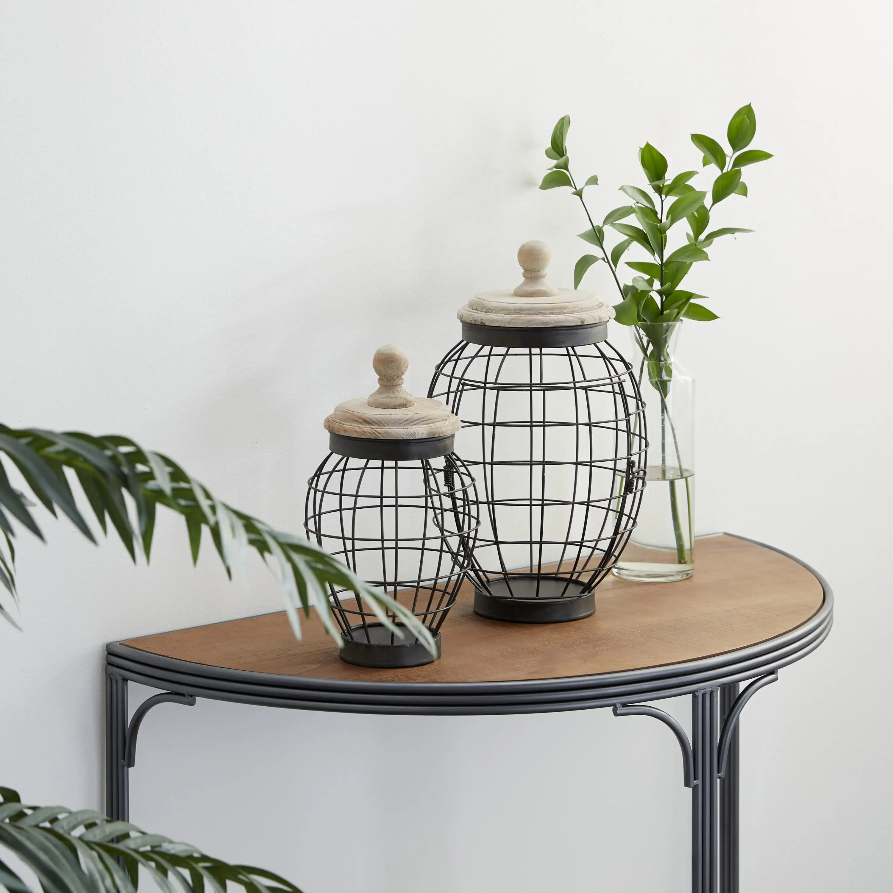 

12", 15"H Black Metal Caged Style Decorative Jars with Wood Lids, 2-Pieces
