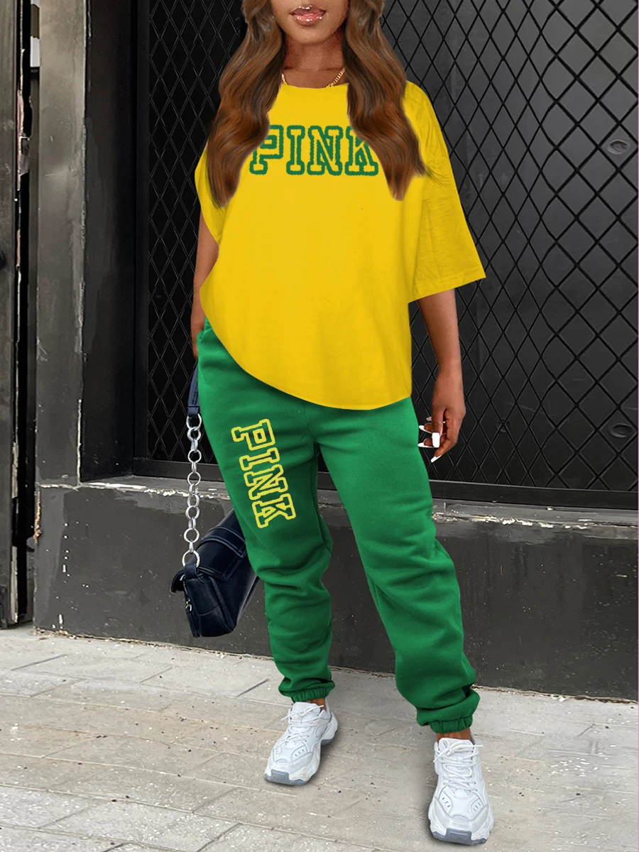 LW Plus Size Pink Letter Print Pants Set short sleeve Two Piece Sets Women short Tshirt + Jogger Pants Tracksuits Casual Outfits