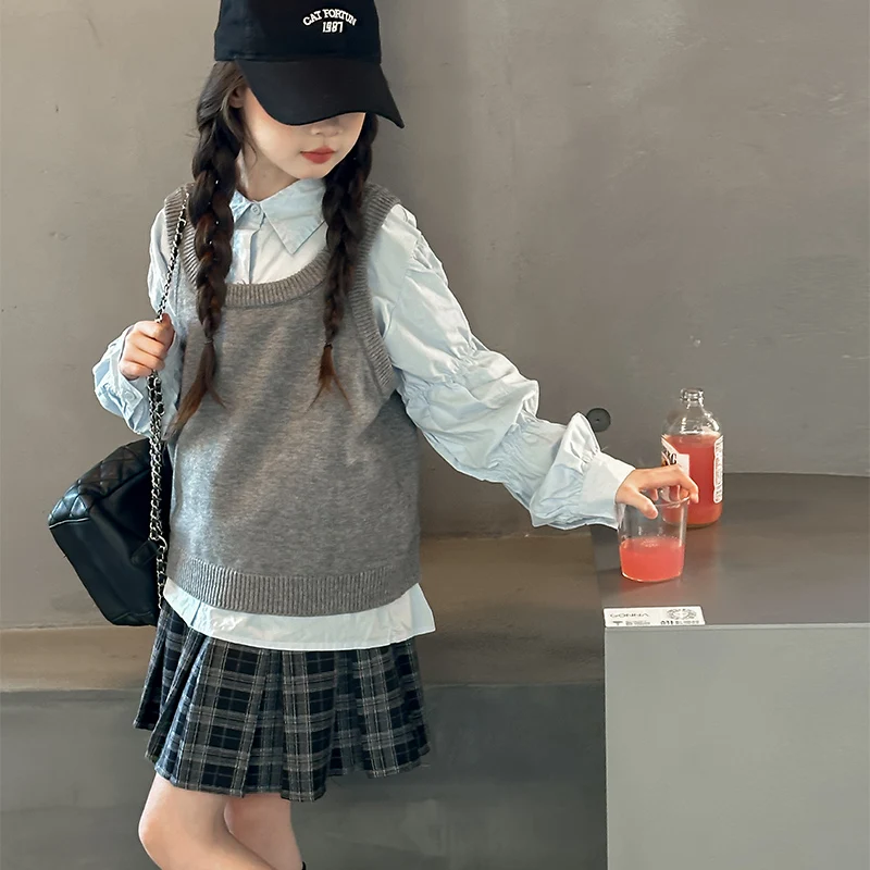 Школьная одежда для маленьких девочек детская костюм 14 свитеров жилет + синяя