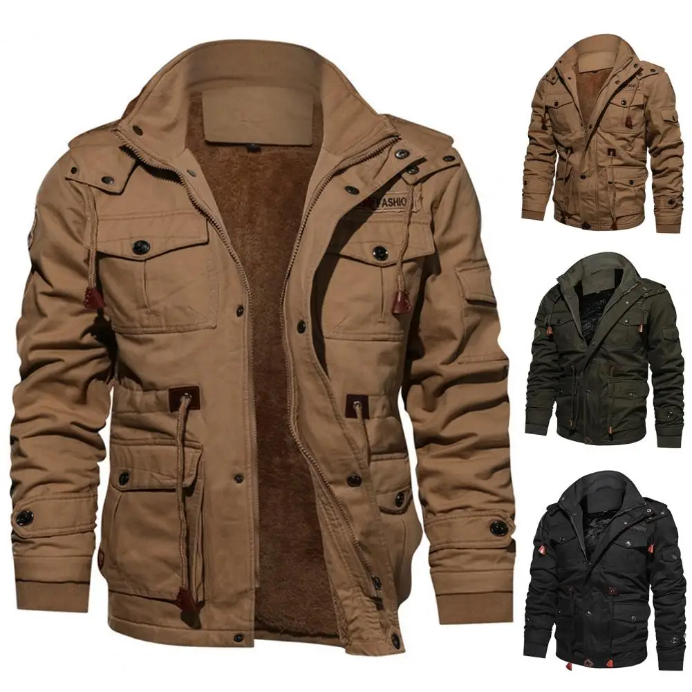 

Winter Men Jacket Coat 2022 Plush Lining Multi Pockets Stand Collar Windproof Zipper Hoodie for Outdoor Male Outwear Jackets
