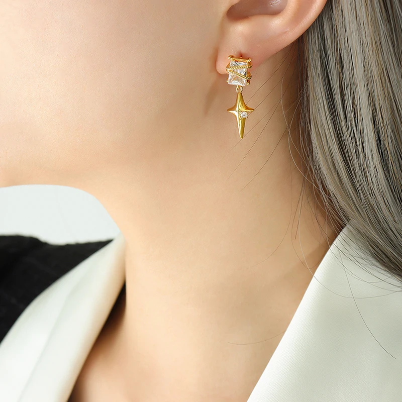 

Ins Style High-end Aesthetic Earrings Asymmetric Inlaid Zircon Geometric Awn Star Square Earrings