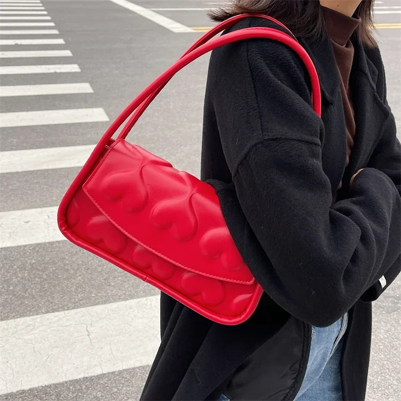 

Red Heart Texture Small Square Shoulder Bag Ladies Fashion Commuter Bag Women Tote Purse Handbags Female Top Handle Underarm Bag