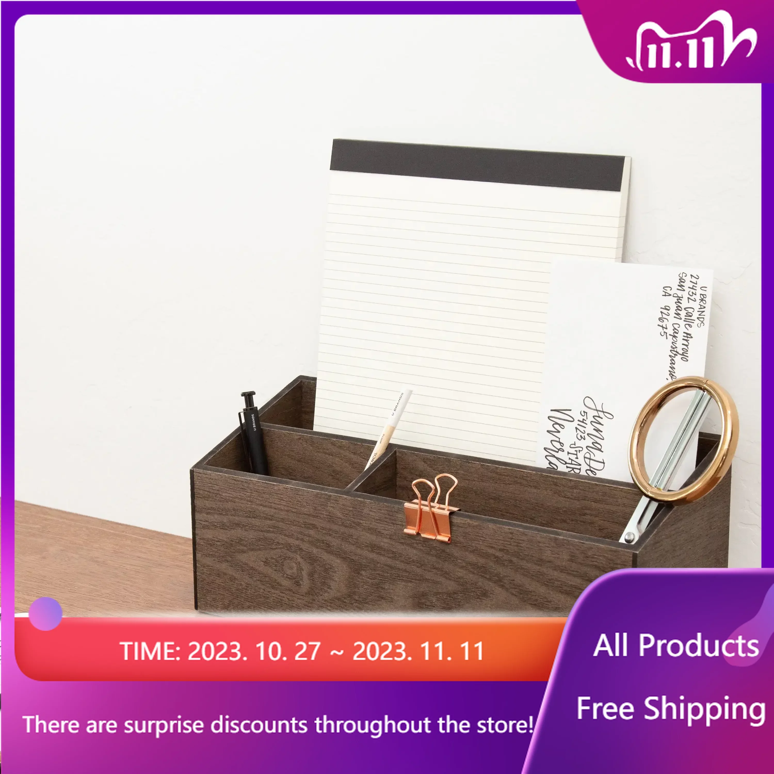 

Wooden Desk Storage Bin, Dark Brown Wood, 3 Compartments, 5393U Fast Transportation