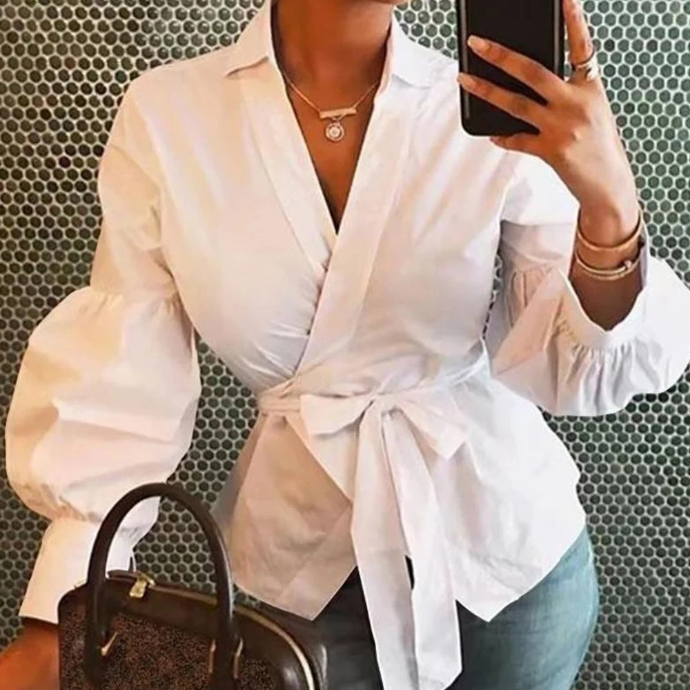 

Female Clothing Tunics Vintage Shirts Wrapped Tops Women 2021 Plus Size Long Sleeve T-shirts V-Collar Kimono Sexy Women Blouses