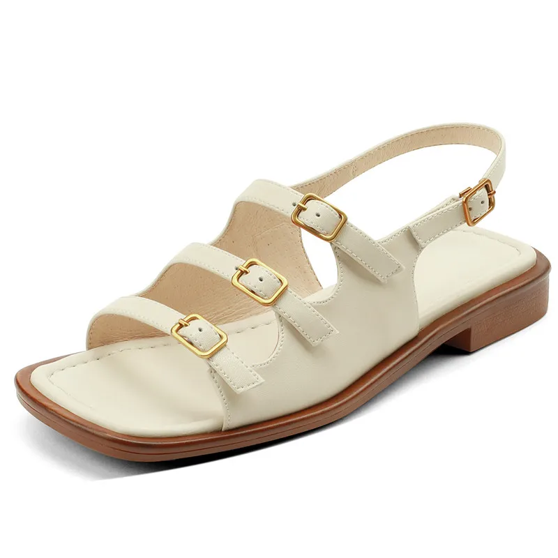 Сандалии из натуральной кожи с квадратным носком босоножки на плоской подошве