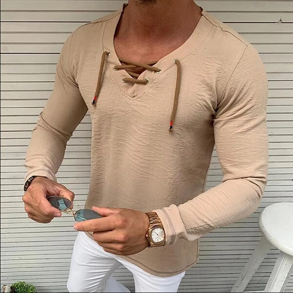 men fashion trend pullover bottoming shirt summer autumn new solid V-neck rope men's long-sleeved cotton linen shirt Asian Size