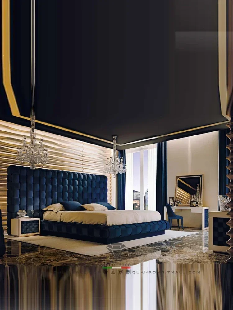 Большая кровать 3 м. Роскошная двуспальная большого размера с синим светом 2000 ×