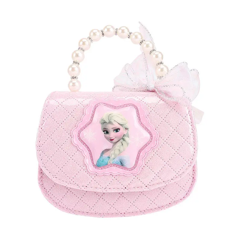 Disney Elsa Princess New PU Children's Cartoon Anime Sweet Messenger Bag Going Out Portable Elegant Pearl Bow Ribbon Handbag