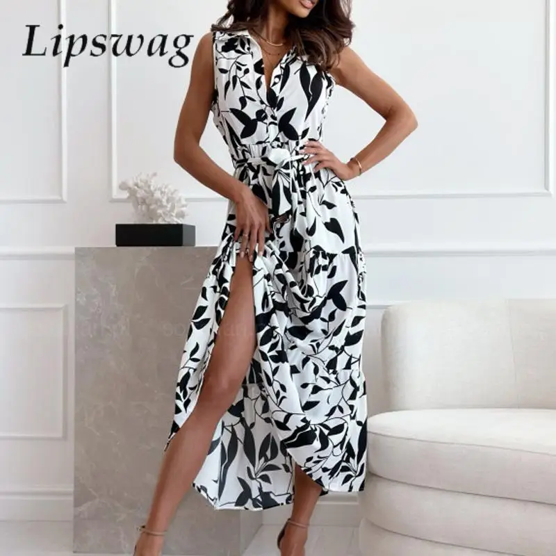 

Office Lady Casual Long Shirt Dress Women Vintage Leaf Print Loose Swing Beach Boho Dress Fashion Sleeveless Lace-up Party Dress