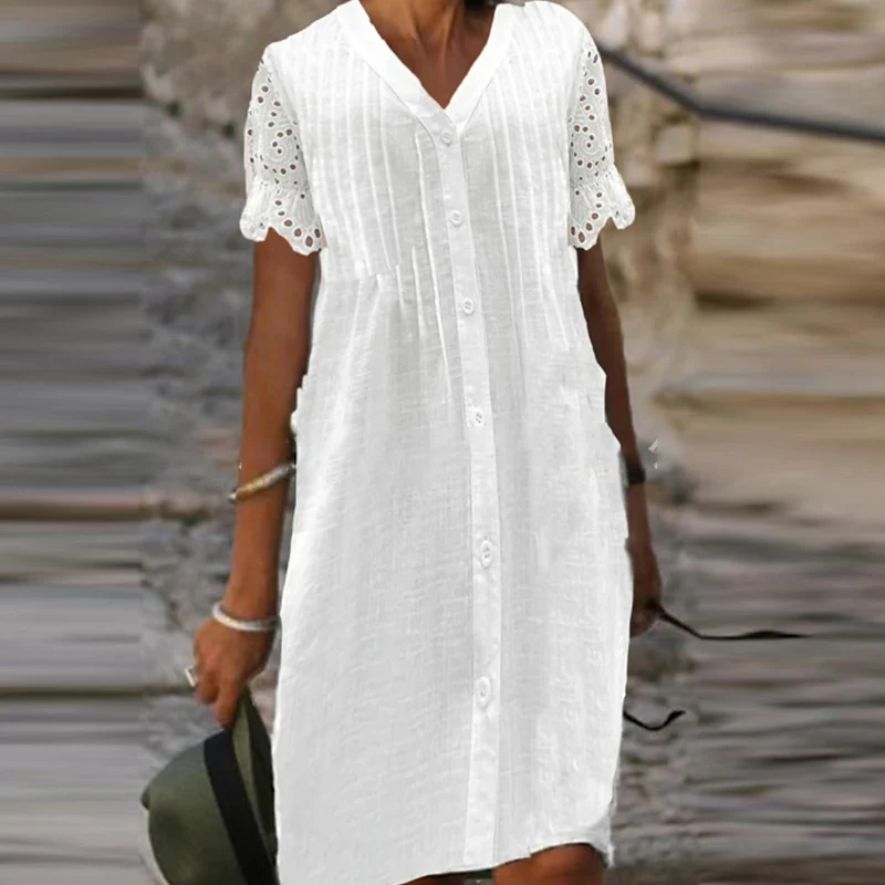 

New Sexy V Neck Single Breasted Cotton Dress Spring Embroidery Lace Patchwork Party Dress Women Short Sleeve Draped Summer Dress