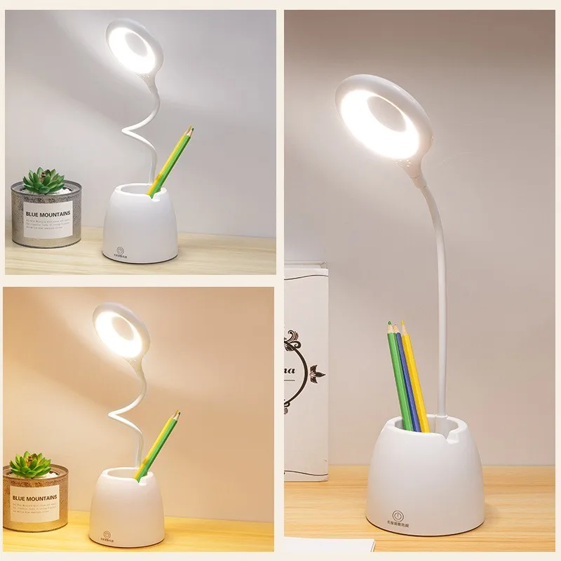 

USB Rechargeabl LED Desk Lamp Pen Storage Holder Eye Protection Reading For Student Night Light Touch Control Stepless Dimming