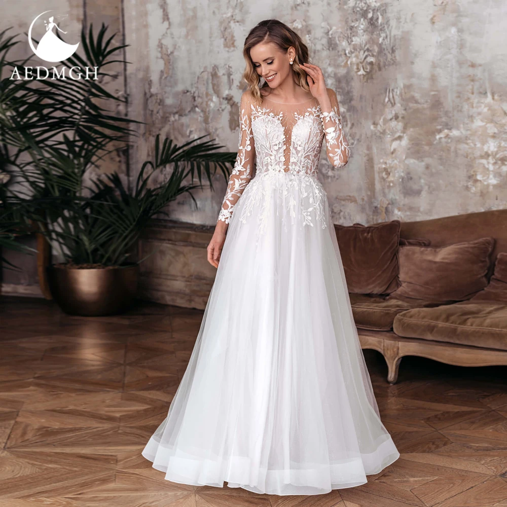 

Aedmgh A-Line Elegant Wedding Dresses 2023 O-Neck Long Sleeve Vestido De Novia Lace Beaded Appliques Sweep Train Robe De Mariee