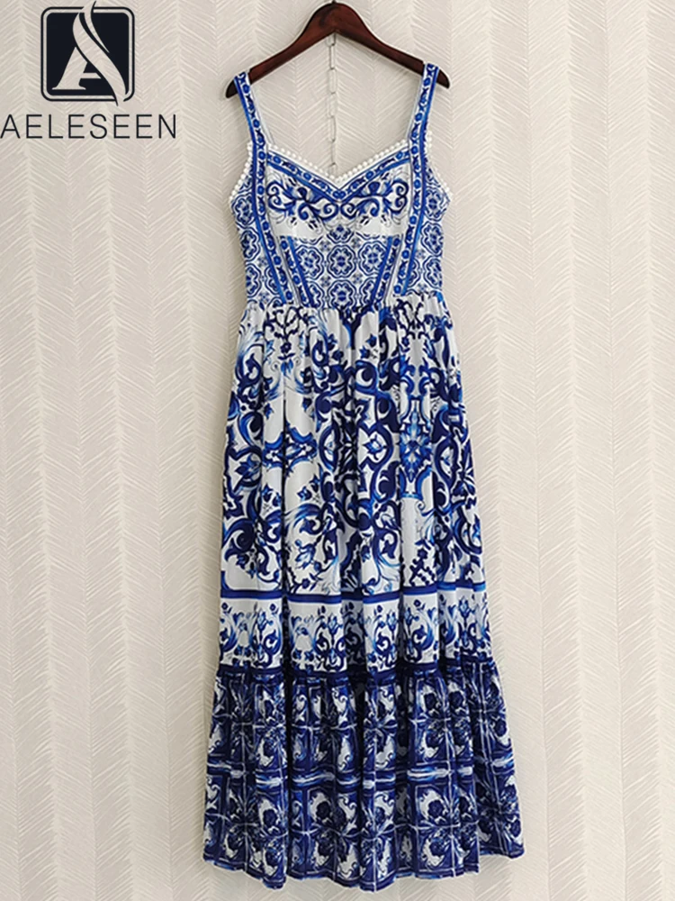 

AELESEEN Runway Fashion 2022 Summer Bohemian Long Dress Women Spaghetti Strap Blue White Printed Backless Holiday Party Poplin