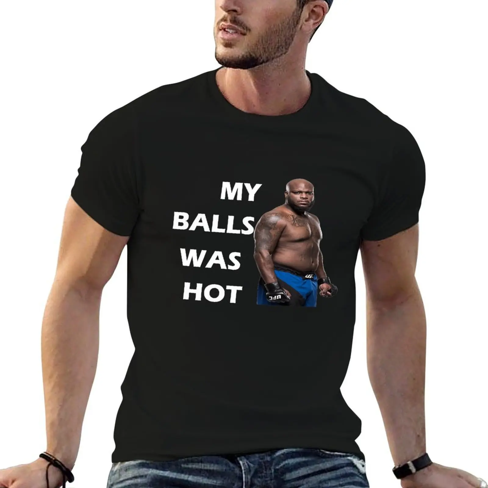 Фото Футболка с надписью «MY BALLS WAS HOT», футболка «Деррик Льюис: Черная Звериная Сила», мужские футболки, забавные футболки, футболка с темным юмором №1