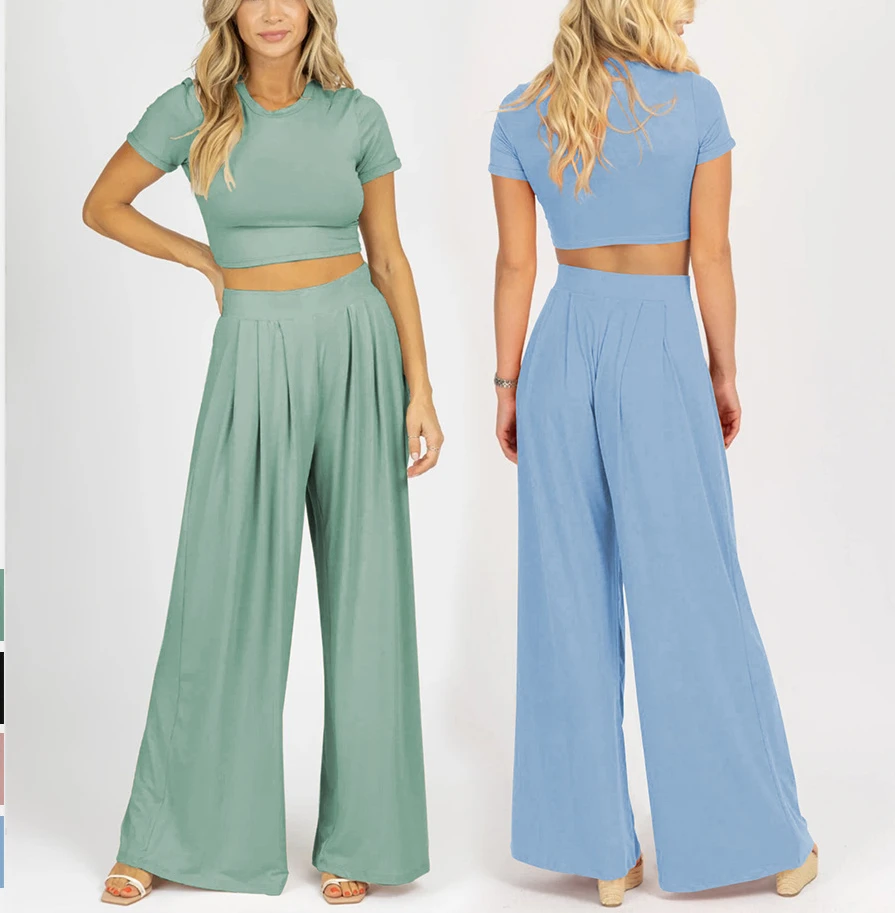 

2022 Summer New Women's Two-piece Suit, Round Neck Short Sleeve T-shirt Short Top Wide Leg Trousers Casual Commuter Home Set