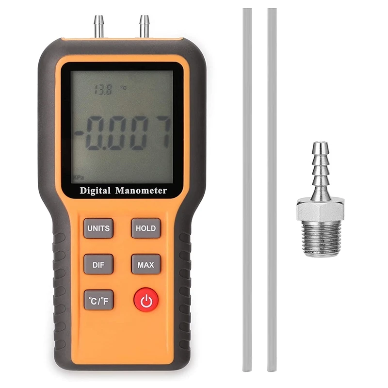 

BEAU-Digital Manometer LCD Display ℃ ℉ Switchable 12 Pressure Units Adjustable Indoor Temperature Measurement Tool Pipes