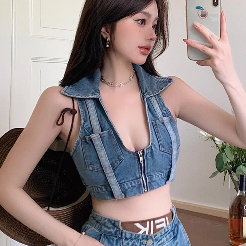 

Женский джинсовый жилет с V-образным вырезом, без рукавов